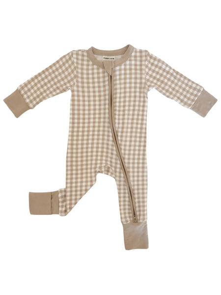 Zip Romper | Tan Gingham - PREORDER
