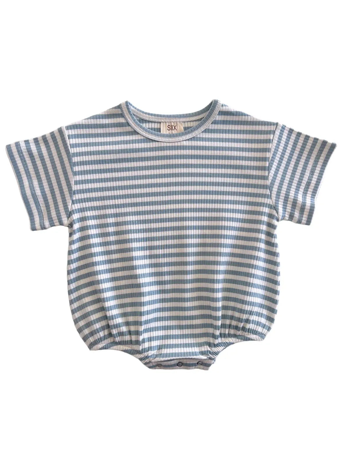 Ribbed Bubble Romper | Dusty Blue Stripes - PREORDER