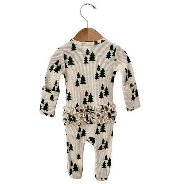 Waffle Zip Ruffle Footie Romper | Green Christmas Trees - PREORDER