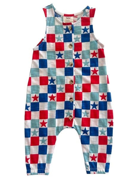 Tank Button Pants Romper | Pink USA Checkerboard & Stars - PREORDER