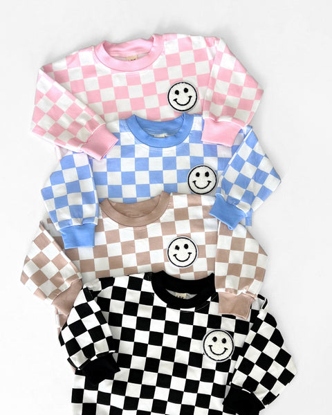 Checkered Smiley Long Sleeve Bubble Romper | Black - PREORDER