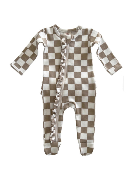 Zip Ruffle Footie Romper | Tiramisu Checkerboard - PREORDER