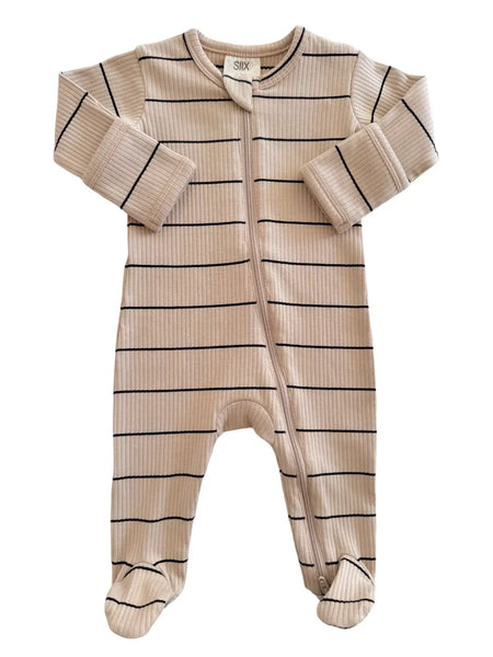 Ribbed Zip Footie Romper | Tan Stripes - PREORDER