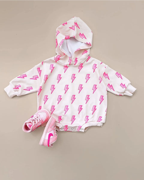 Hooded Bubble Romper | Pink Bolts - PREORDER