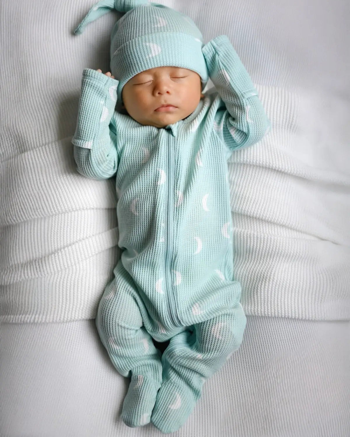 Waffle Zip Footie Romper | Light Blue Moon - PREORDER