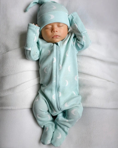 Waffle Zip Footie Romper | Light Blue Moon - PREORDER