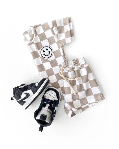 Checkered Smiley Top & Shorts Set | Latte - PREORDER