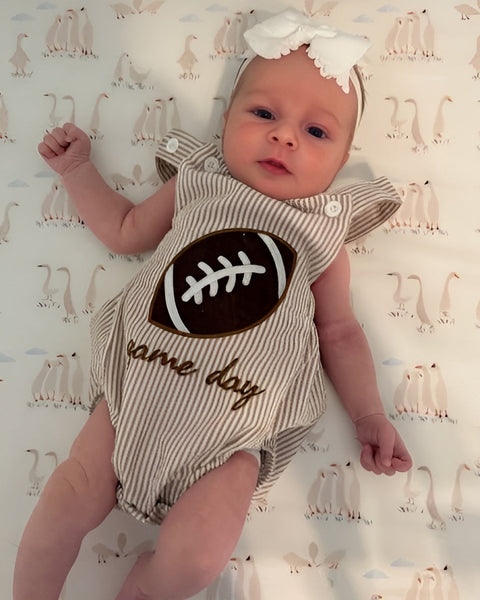 Embroidered Smocked Romper | Game Day Football Stripe - PREORDER