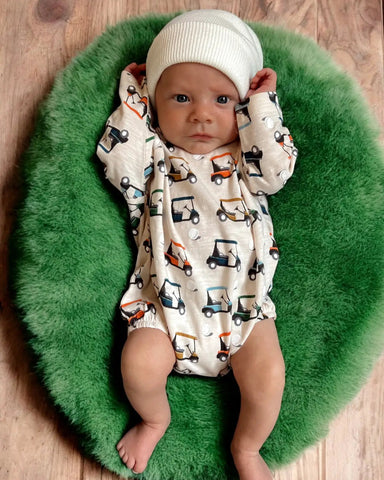 Long Sleeve Bubble Romper | White Golf Cart - PREORDER