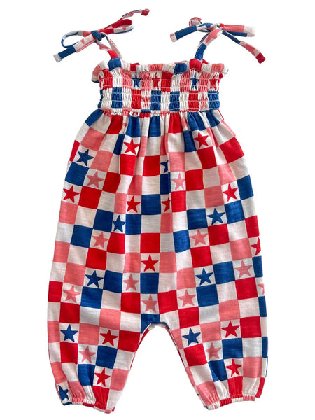 Smocked Ruffle Pants Romper | Pink USA Checkerboard & Stars - PREORDER