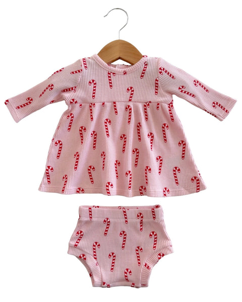Waffle Simple Dress & Bloomer | Pink Candy Cane - PREORDER