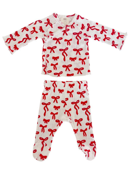 Organic Pointelle Kimono & Pant Set | Red Bows - PREORDER