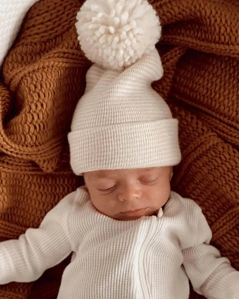 Baby's First Hat | Sand/White Stripe Pom - PREORDER