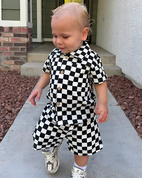 Muslin Collar Top & Shorts Set | Black Checkerboard - PREORDER