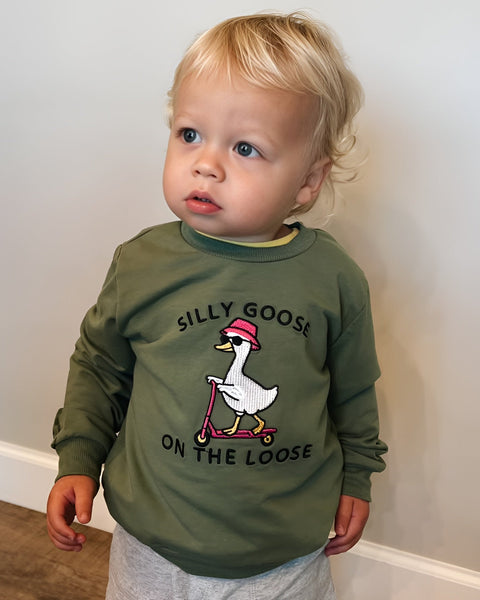 Embroidered Pullover | Green Silly Goose on the Loose - PREORDER