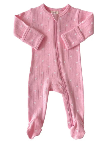 Organic Pointelle Zip Footie | Pink w/ White Heart - PREORDER