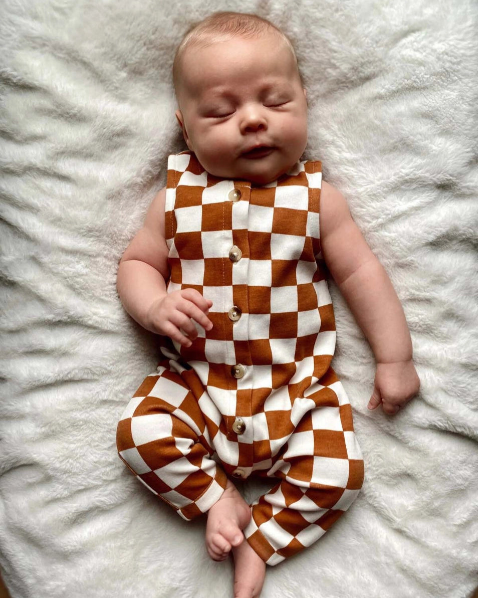 Tank Button Pants Romper | Stracciatella Checkerboard - PREORDER