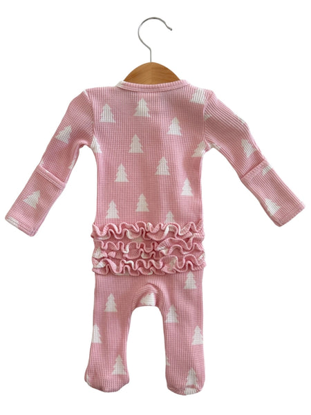 Waffle Zip Ruffle Footie Romper | Pink Christmas Trees - PREORDER
