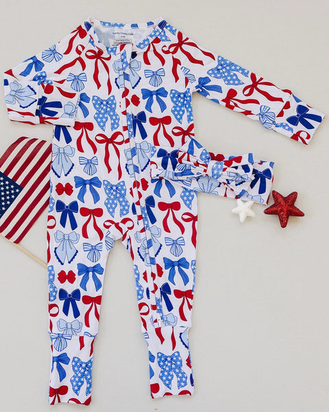 Bamboo Zip Romper | Red-White & Bows - PREORDER