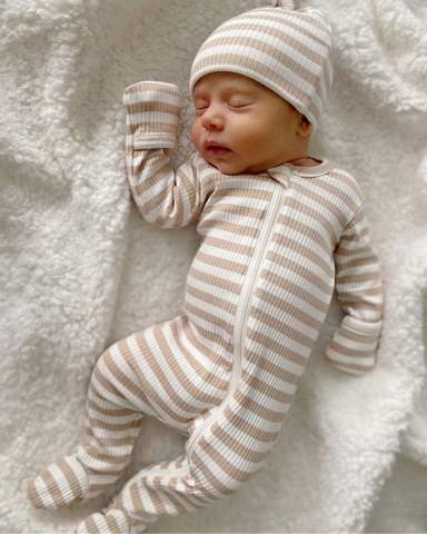 Ribbed Zip Footie Romper | Cream Stripes - PREORDER