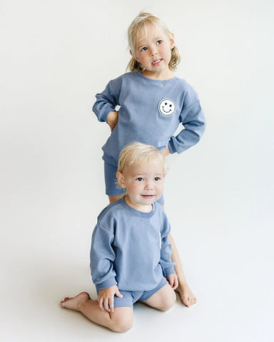 Smiley Top & Biker Shorts Set | Blue - PREORDER