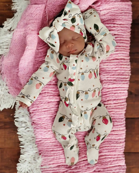 Waffle Zip Ruffle Footie Romper | Girly Christmas Lights - PREORDER