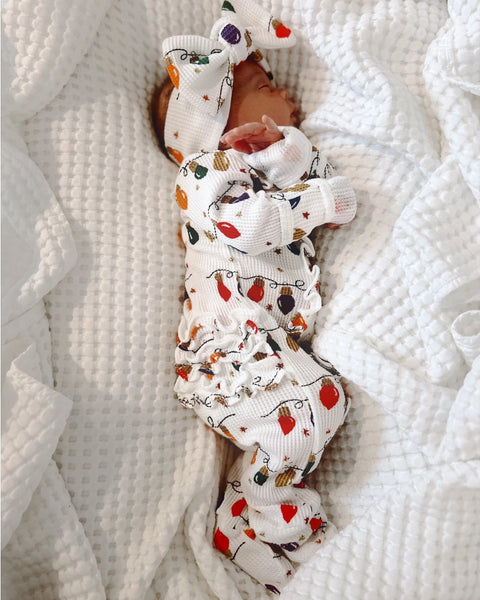 Waffle Zip Ruffle Footie Romper | Christmas Lights - PREORDER