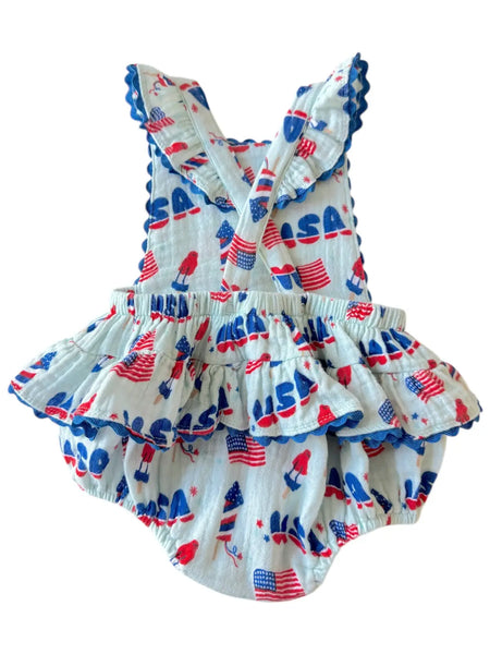 4th of July Ric-Rac Ruffle Sunsuit | Blue - PREORDER