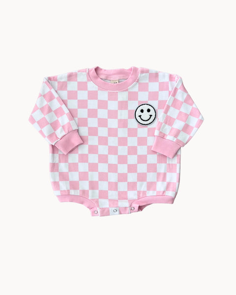 Checkered Smiley Long Sleeve Bubble Romper | Pink - PREORDER