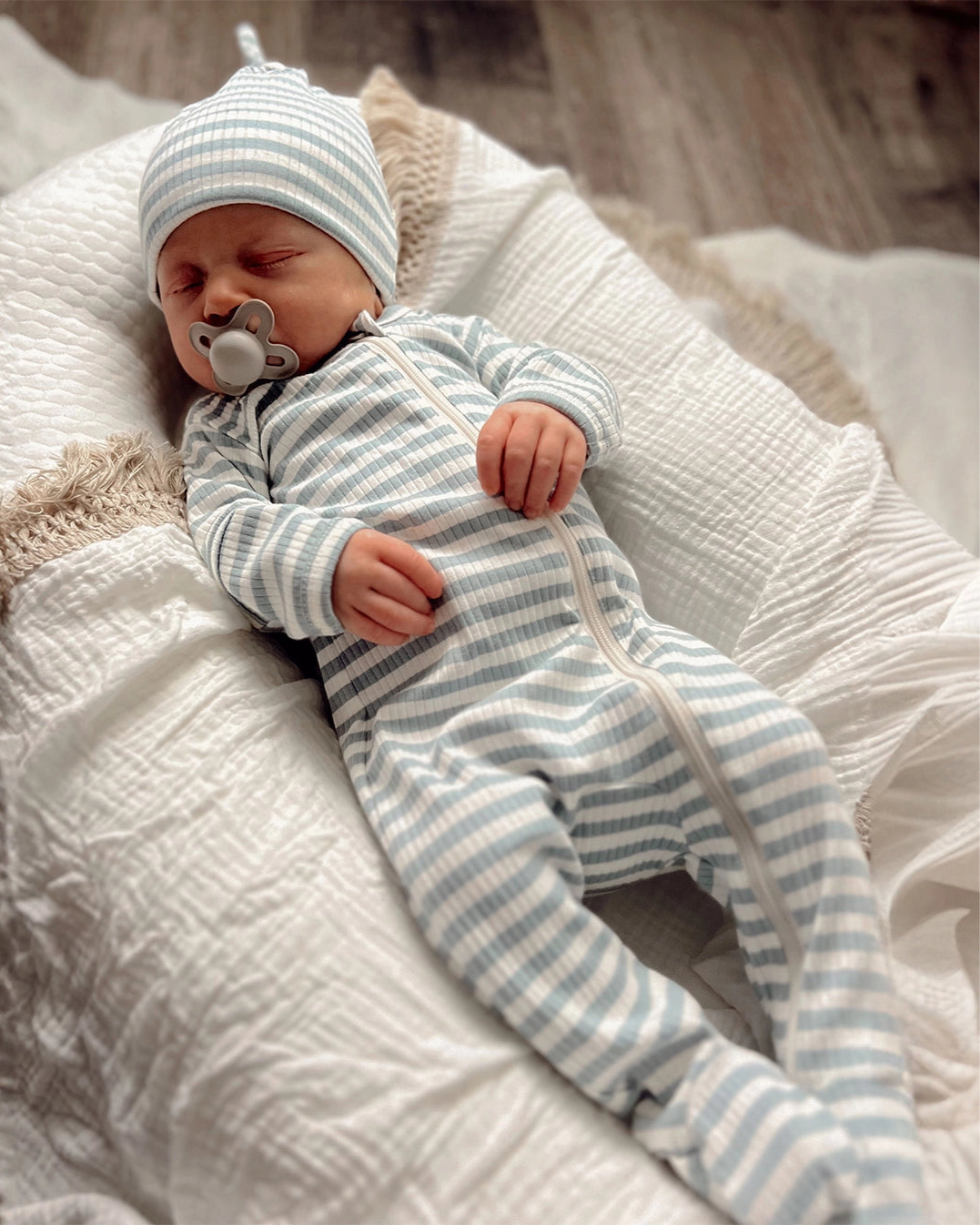 Ribbed Zip Footie Romper | Dusty Blue Stripes - PREORDER
