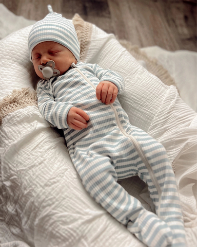 Ribbed Zip Footie Romper | Dusty Blue Stripes - PREORDER