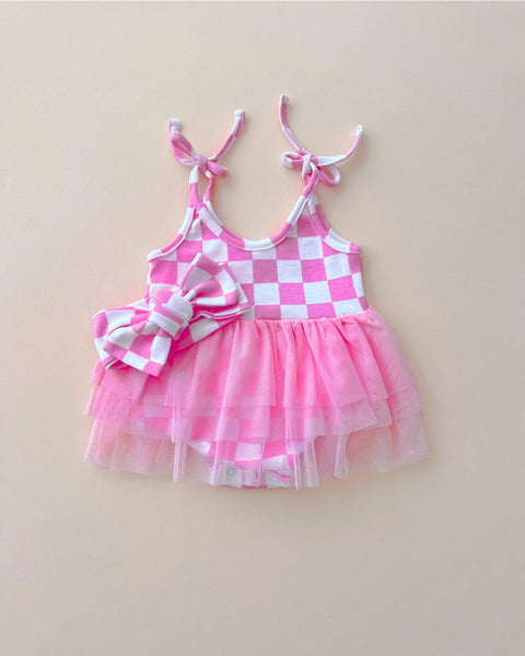 Checkered Tutu Romper | Bubblegum - PREORDER
