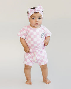 Checkered Smiley Top & Shorts Set | Pink - PREORDER