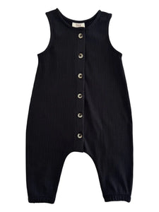Ribbed Tank Button Pants Romper | Black - PREORDER