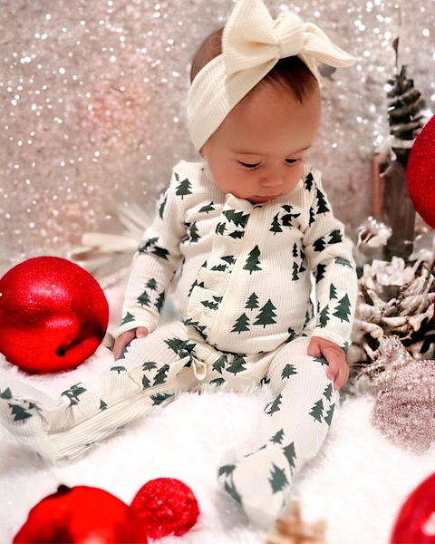 Waffle Zip Ruffle Footie Romper | Green Christmas Trees - PREORDER