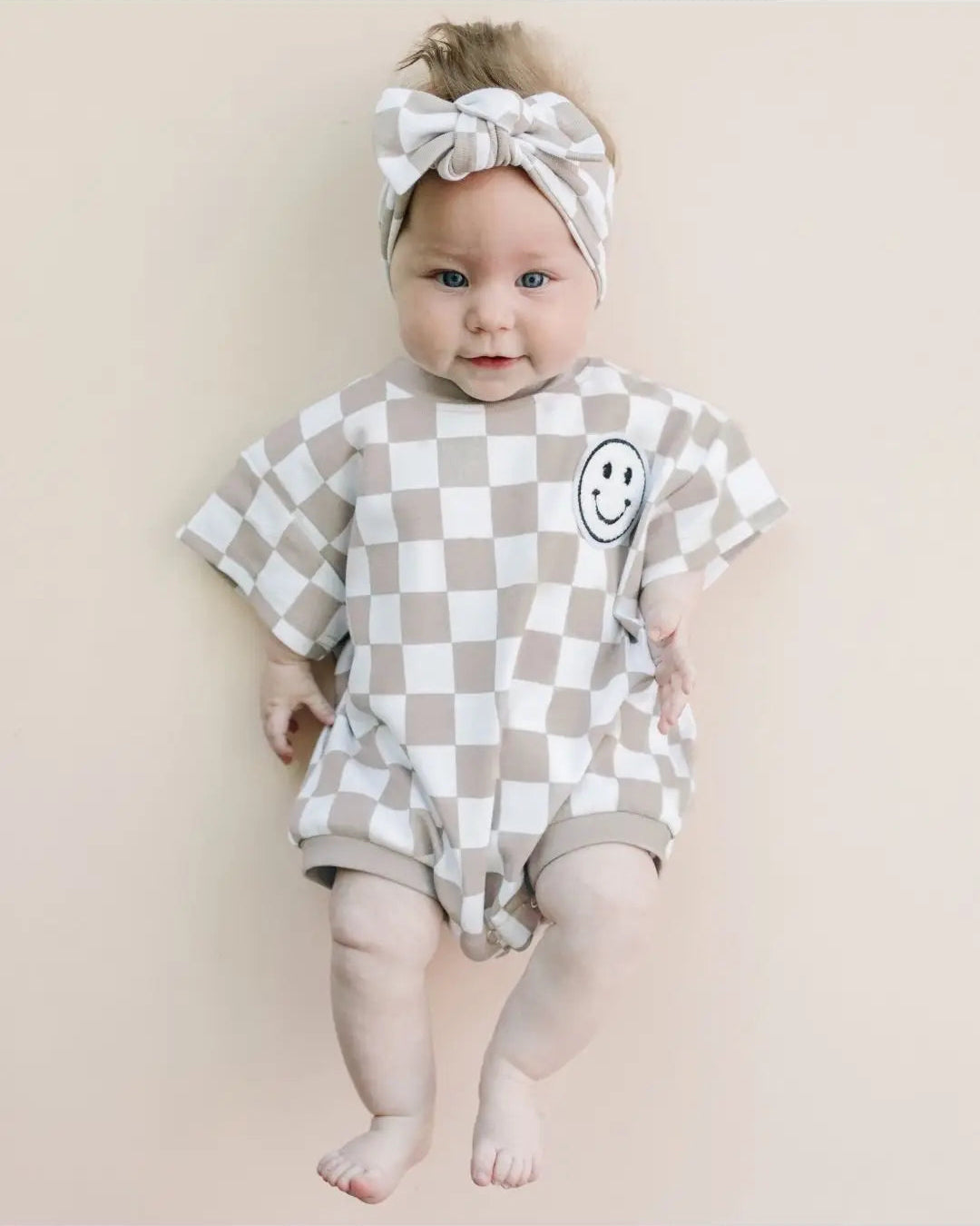 Checkered Smiley Short Sleeve Bubble Romper | Latte - PREORDER