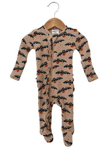Waffle Zip Ruffle Footie Romper | Tan Trick or Treating Bat - PREORDER