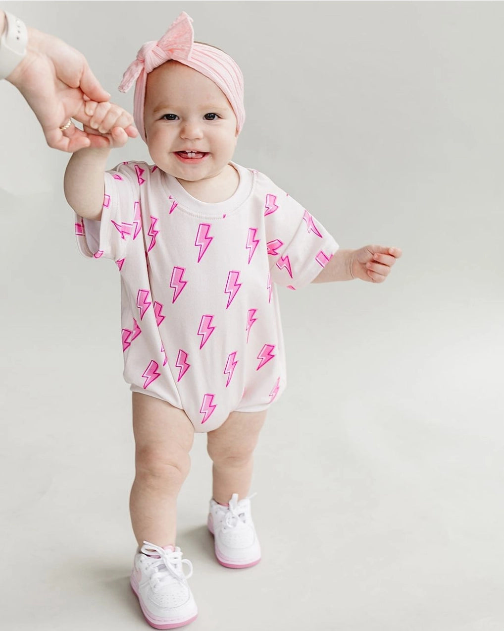Short Sleeve Bubble Romper | Pink Bolts - PREORDER