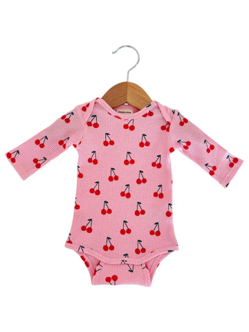 Waffle Long Sleeve Bodysuit | Pink Cherries - PREORDER