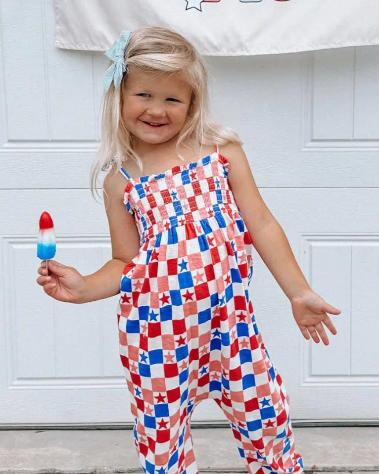 Smocked Ruffle Pants Romper | Pink USA Checkerboard & Stars - PREORDER