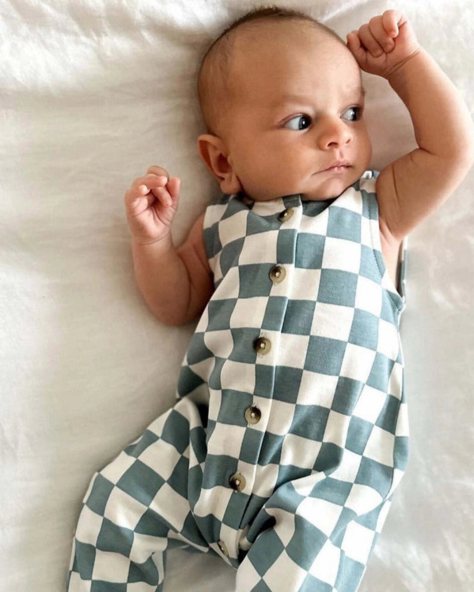 Tank Button Pants Romper | Blueberry Muffin Checkerboard - PREORDER
