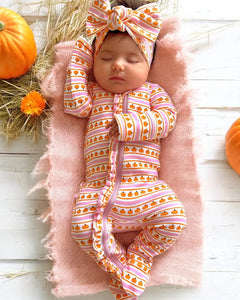 Zip Frill Footie Romper | Pink Pumpkin Stripe - PREORDER