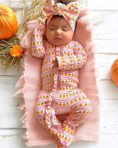 Zip Frill Footie Romper | Pink Pumpkin Stripe - PREORDER