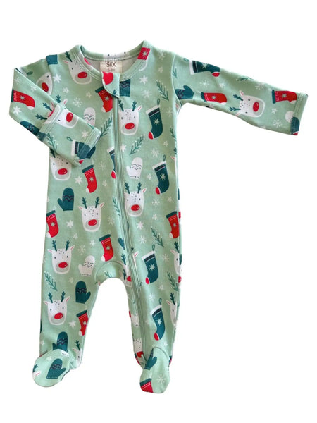 Zip Footie Romper | Green Reindeer - PREORDER