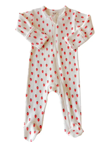 Organic Pointelle Zip Footie | White Strawberry - PREORDER