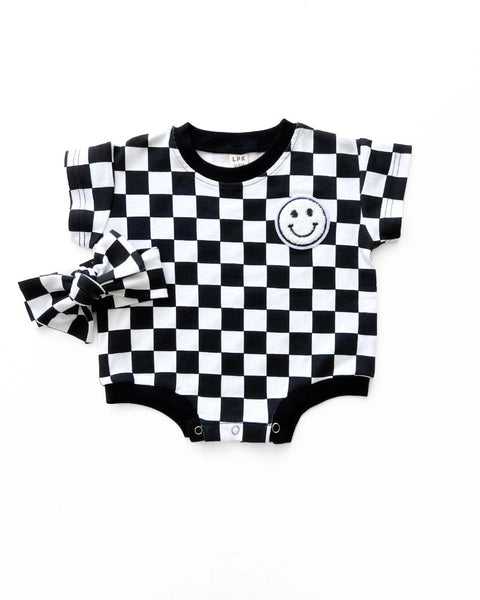Checkered Smiley Short Sleeve Bubble Romper | Black - PREORDER