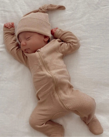 Waffle Zip Footie Romper | Tan - PREORDER