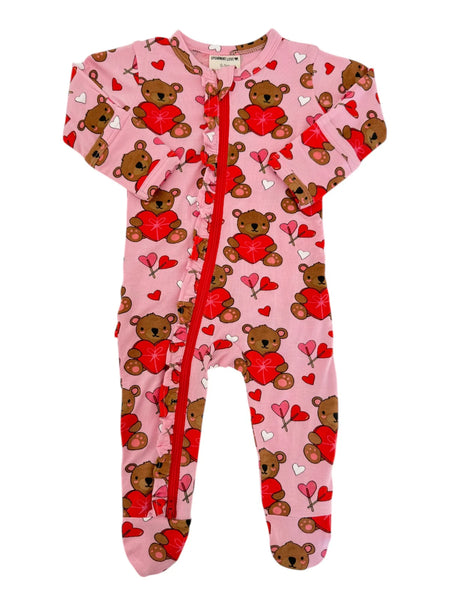 Zip Ruffle Footie Romper | Valentine Bear Pink - PREORDER