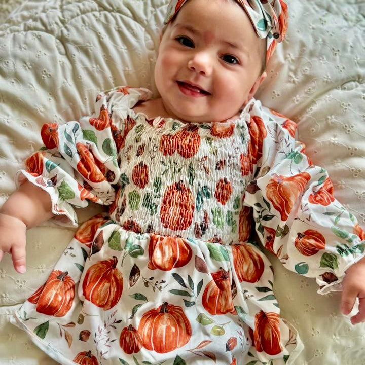 Greenery Pumpkins Romper Dress & Bow - PREORDER