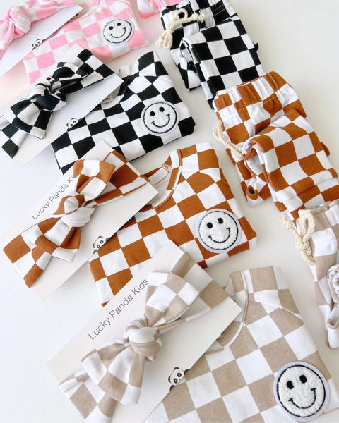Checkered Smiley Top & Pants Set | Latte - PREORDER